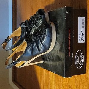 Steve Madden Black Leather Wood Heel Sandals
